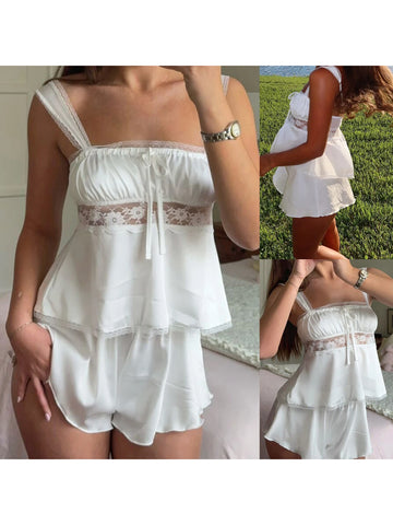 MQTIME  -  Women s Lace Trim Square Neck Sleeveless Cami Pajama Set with Elastic Waist Mini Shorts - 2 Piece Sleepwear Outfit for a